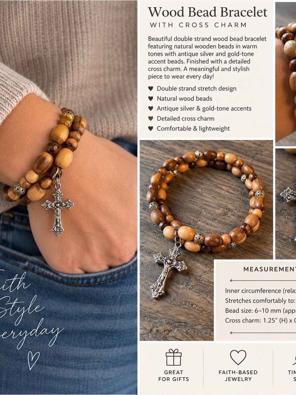 Wood Bead Double Strand Bracelet with Cross Charm - Brown